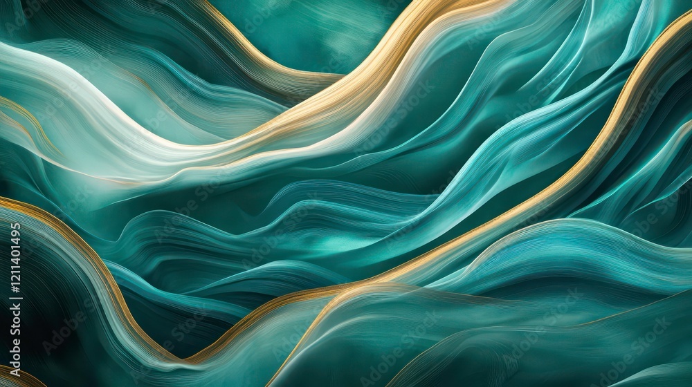 Poster abstract teal and gold flowing wave pattern.