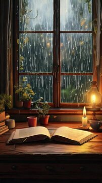 A cozy lofi study setup with a vintage desk, a steaming cup of tea, an open book, and warm string lights, set in a dimly lit room with a rainy window view.