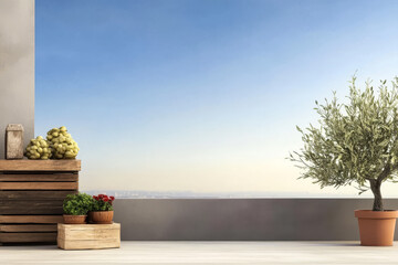 Beautiful rooftop garden showcasing potted plants and fresh fruits under clear blue sky