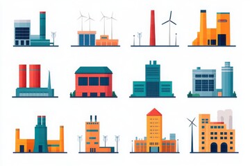 Obraz premium A collection of diverse industrial buildings, featuring factories and wind turbines, showcasing modern energy solutions.