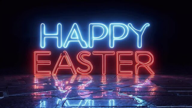 Neon red 4k and blue Happy Easter text animation with reflective effect on black background perfect for looping holiday digital signage