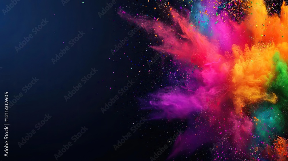 Poster rainbow holi idea. vibrant explosion of colored powders creating a stunning visual effect on a dark 