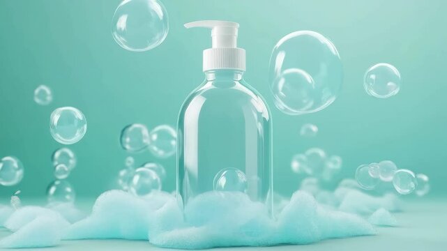 Transparent soap dispenser surrounded by floating bubbles and suds against teal background