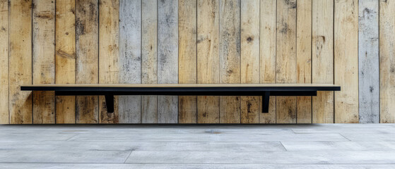 Modern wooden shelf against a textured wall with natural colors and patterns