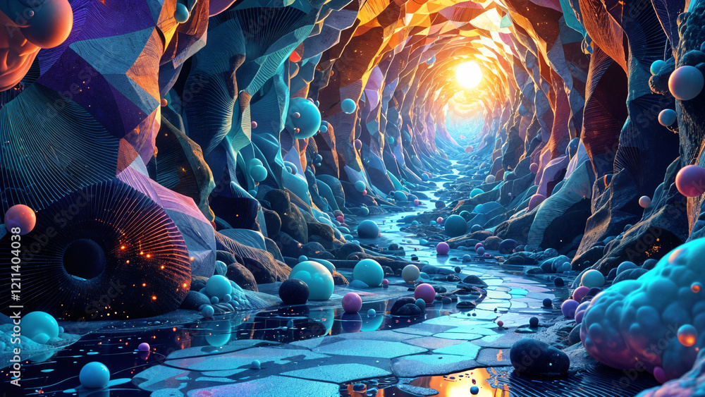 Poster abstract background in the form of a tunnel into unknown worlds . generative ai