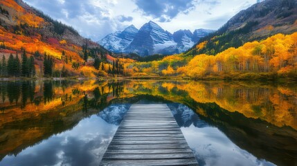 Fototapeta premium Majestic mountain range reflected in a calm lake during autumn, with a wooden dock extending into the water.