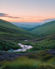 A serene photo of lavender fields stretching into the horizon, with a soft pink sunset in the sky