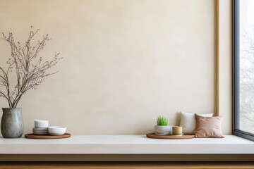 Neutral interior decor featuring minimalist design and natural elements by a large window