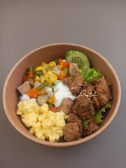 rice, box, round, delicious, selling, roadside, street vendor, stall, selling well, vegetables, stir-fried meatballs, meat