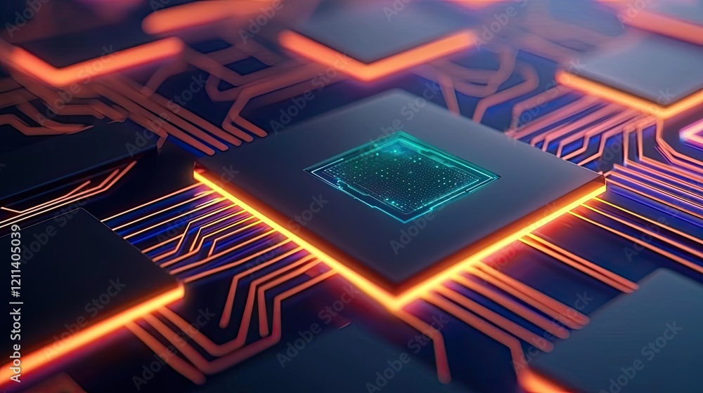 Poster Education idea. Close-up of a futuristic microchip with glowing circuits and modern design elements.