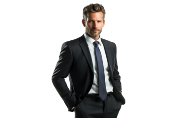 Businessman standing confidently with one hand in pocket isolated on white or transparent, PNG