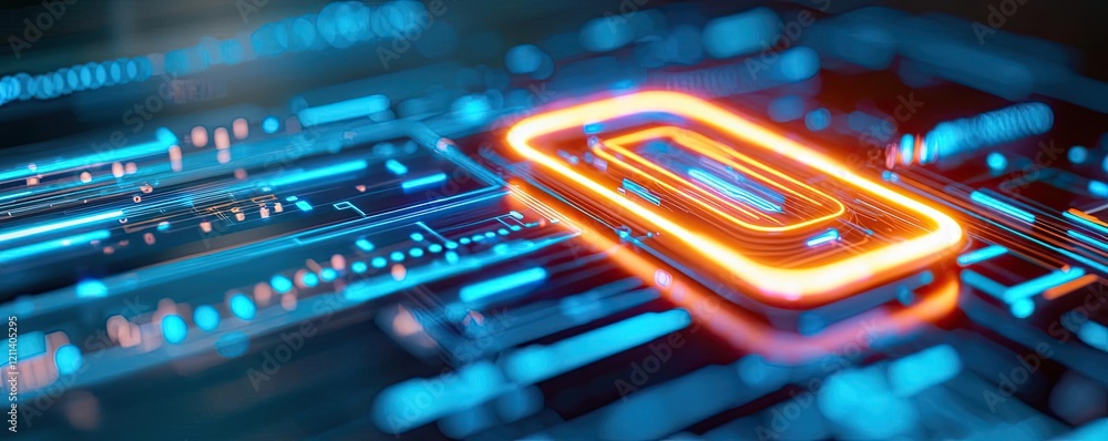 Poster virtual education idea. futuristic circuit board glowing with neon lights and intricate electronic p