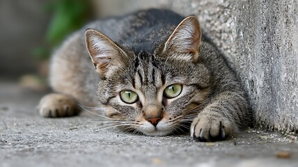 A cat is laying on a cement floor with its eyes closed