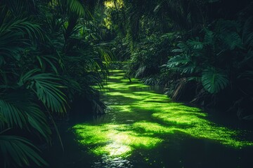 Fototapeta premium Lush Green Jungle Creek Glowing Algae Water