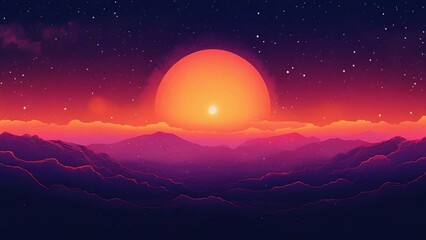 Fototapeta premium Sunset over purple mountains, starry night sky, digital art, desktop wallpaper