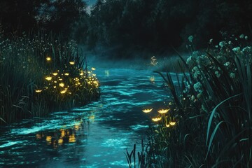 Fototapeta premium Glowing Flowers Adorn A Dark Night Riverbank