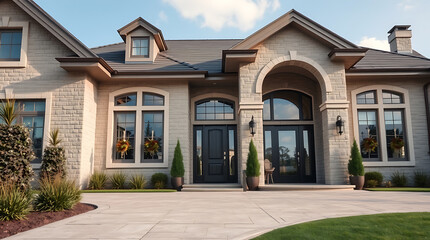 Fototapeta premium Luxury House Exterior: Modern Stone Facade, Elegant Entrance, Landscaped Garden