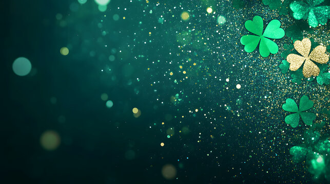 A captivating abstract background filled with shimmering sparkles and lush green clovers, perfect for festive celebrations and themes.