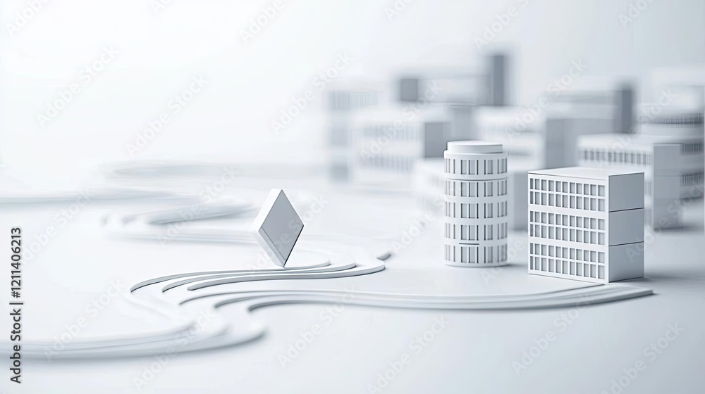Poster online courses concept. minimalistic paper model of urban buildings with abstract shapes and soft li
