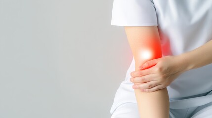 Woman holding arm in pain, red spot indicates potential injury or discomfort