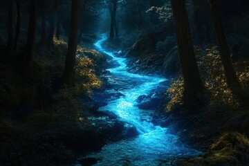 Bioluminescent Stream Flows Through Dark Forest