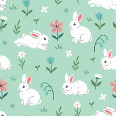 Spring seamless pattern with cute white rabbits and flowers. Vector graphics.