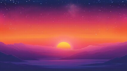 Obraz premium Vibrant sunset over mountains, starry sky background. Ideal for travel, nature posters