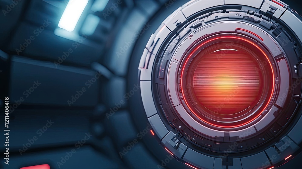 Aufkleber virtual education idea. futuristic robot eye with glowing red lens and sleek mechanical design.