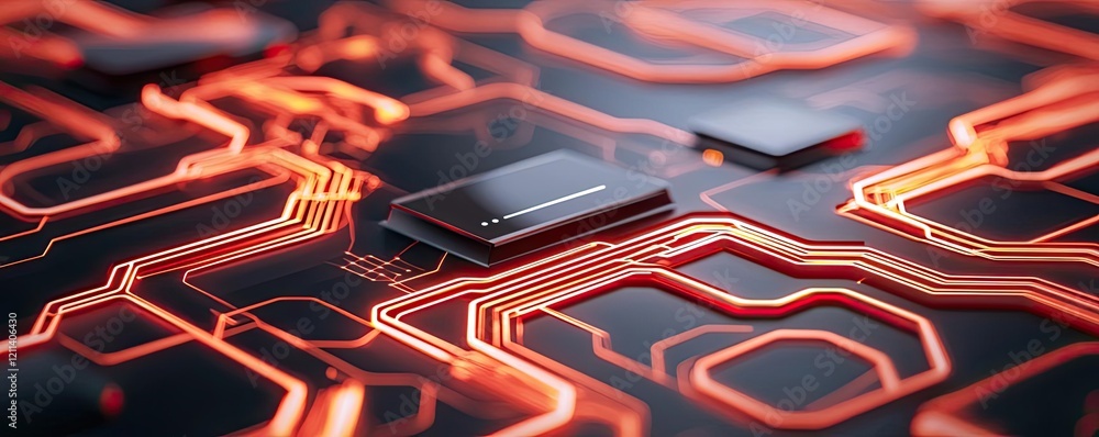 Aufkleber Online courses concept. Close-up view of modern circuit board with intricate patterns and glowing lines.