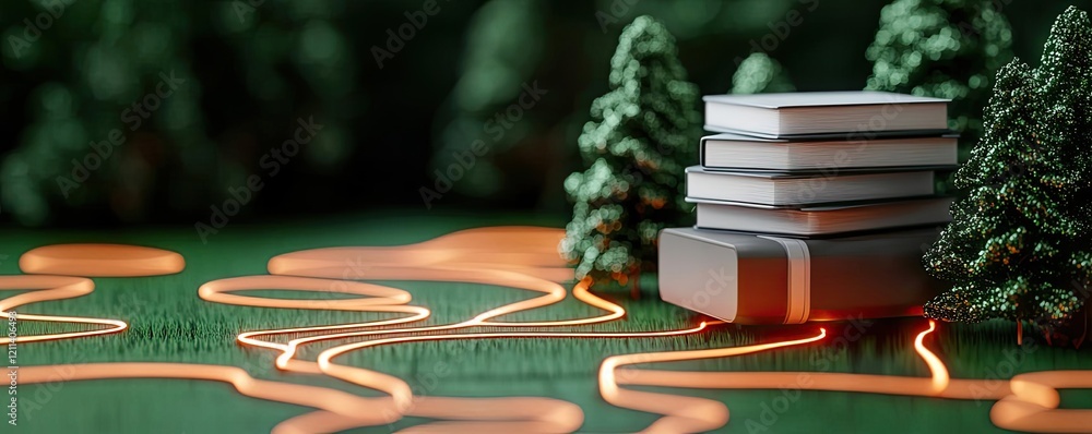 Poster online courses concept. a modern scene featuring stacks of books amidst a digital landscape with glo