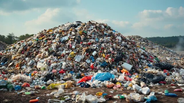 mountain of garbage waste plastic bottles packages of rotting food