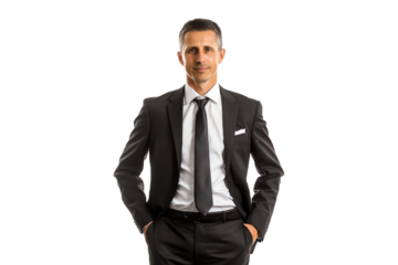 Businessman standing confidently with one hand in pocket isolated on white or transparent, PNG