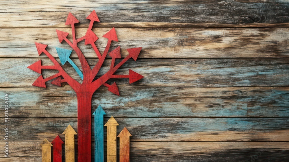 Aufkleber abstract wooden arrow tree on rustic background symbolizing growth, progress, and multiple choices.
