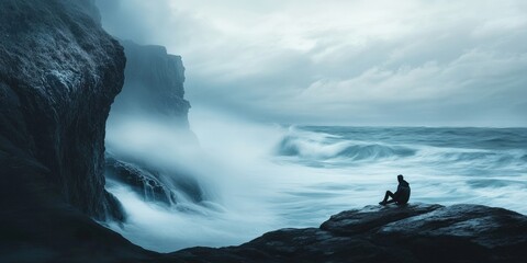 A thoughtful scene of a person sitting on a rock by the ocean, deep in thought as waves crash around