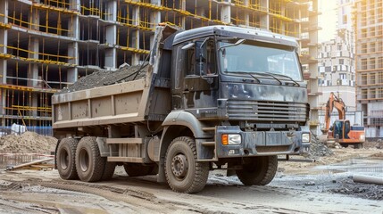 An oversized industrial delivery truck at a construction site, loaded with building materials.