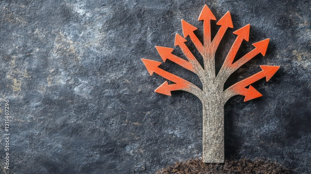 Poster wooden tree with multiple upward orange arrows on dark background.