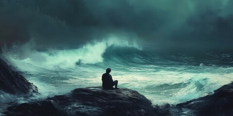 A thoughtful scene of a person sitting on a rock by the ocean, deep in thought as waves crash around
