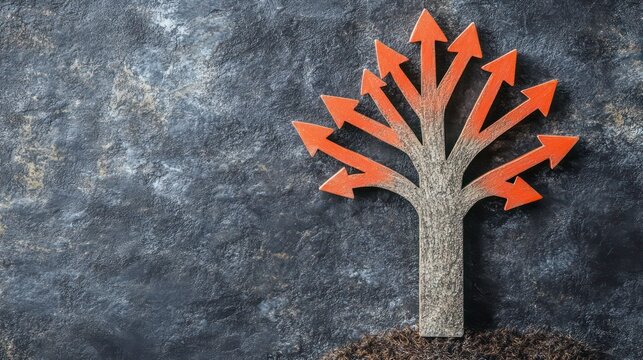 Wooden tree with multiple upward orange arrows on dark background.