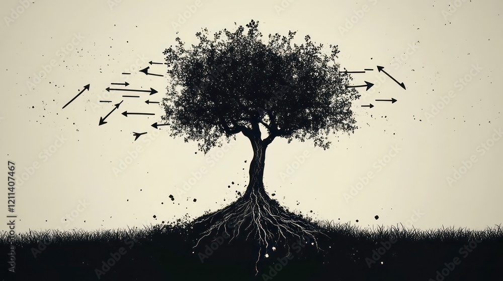 Poster silhouette of a tree with arrows flying around it, symbolizing challenges and resilience.