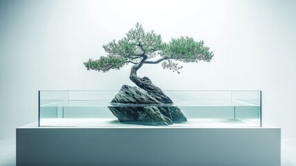 A sleek minimalist aquarium featuring a single bonsai tree and soft white lighting for a serene effect.