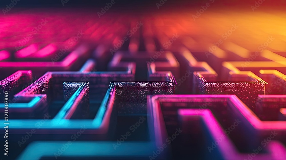 Poster virtual education idea. colorful maze design representing complexity and problem-solving.