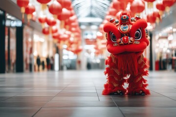 Vibrant Red Lion Dance Costume in a Brightly Decorated Shopping Center During Lunar New Year Celebrations with Traditional Lanterns Hanging in the Background