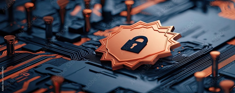 Poster education idea. futuristic security emblem on a computer circuit board for digital protection.
