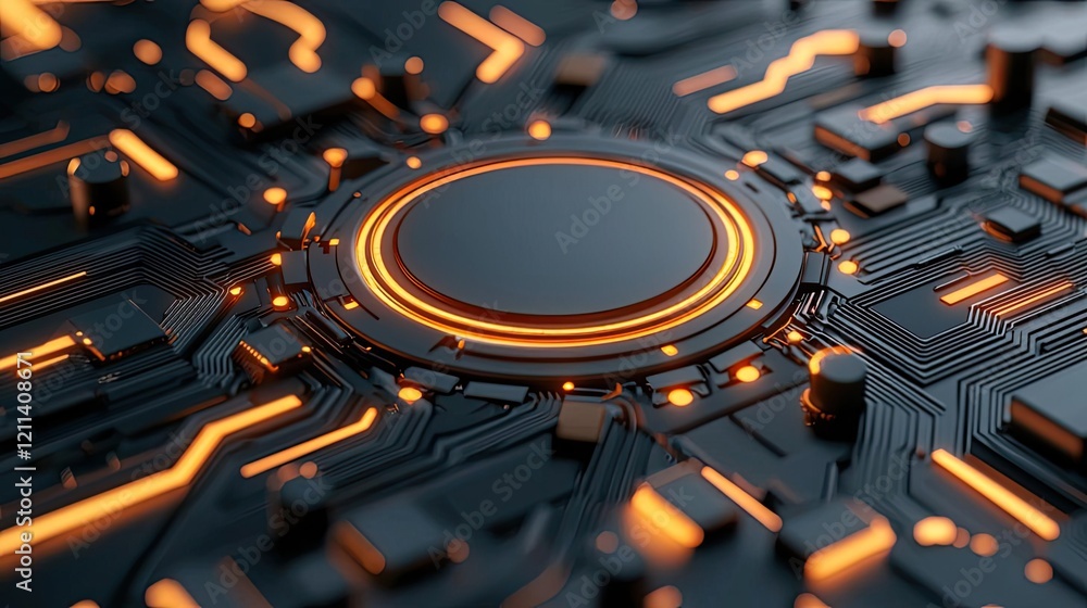 Poster virtual education idea. futuristic circuit board with glowing orange lines and intricate details in 