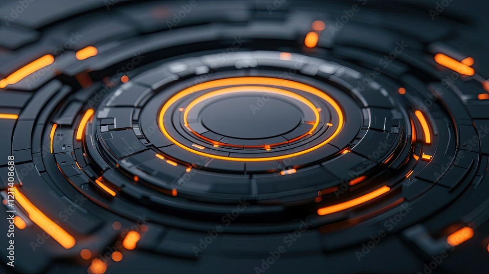 Poster virtual education idea. futuristic circular pattern with glowing orange lines on a dark background.