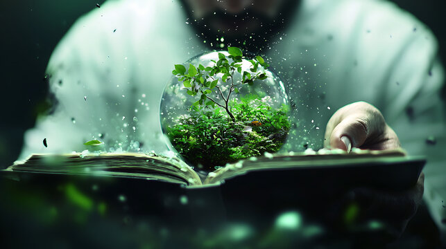 person holds open book with glass globe containing small tree, symbolizing nature and growth