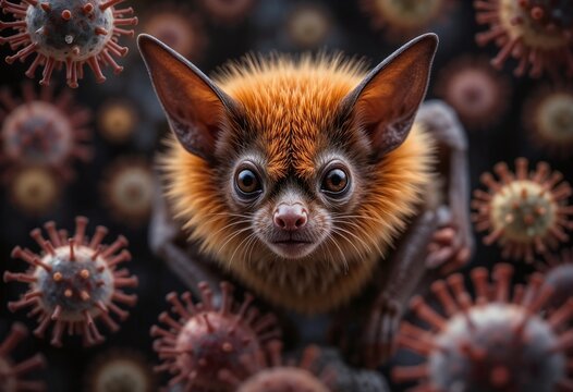 Close-up of a fruit bat surrounded by virus particles, illustrating the potential transmission of Marburg virus disease (MVD).