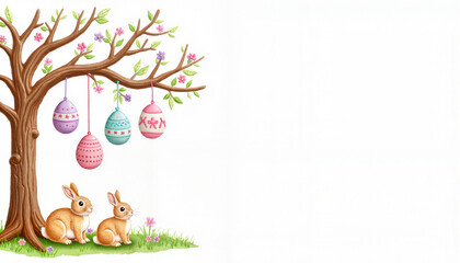 Bunnies sitting under tree with Easter eggs