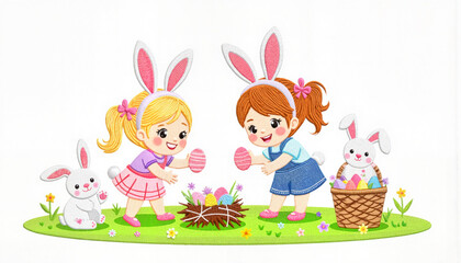 Fototapeta premium Two children wearing bunny ears playing with Easter eggs in spring
