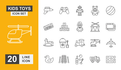 Kids toys icon set. Horse, puzzle, teddy bear, book, robot, train and more line icons